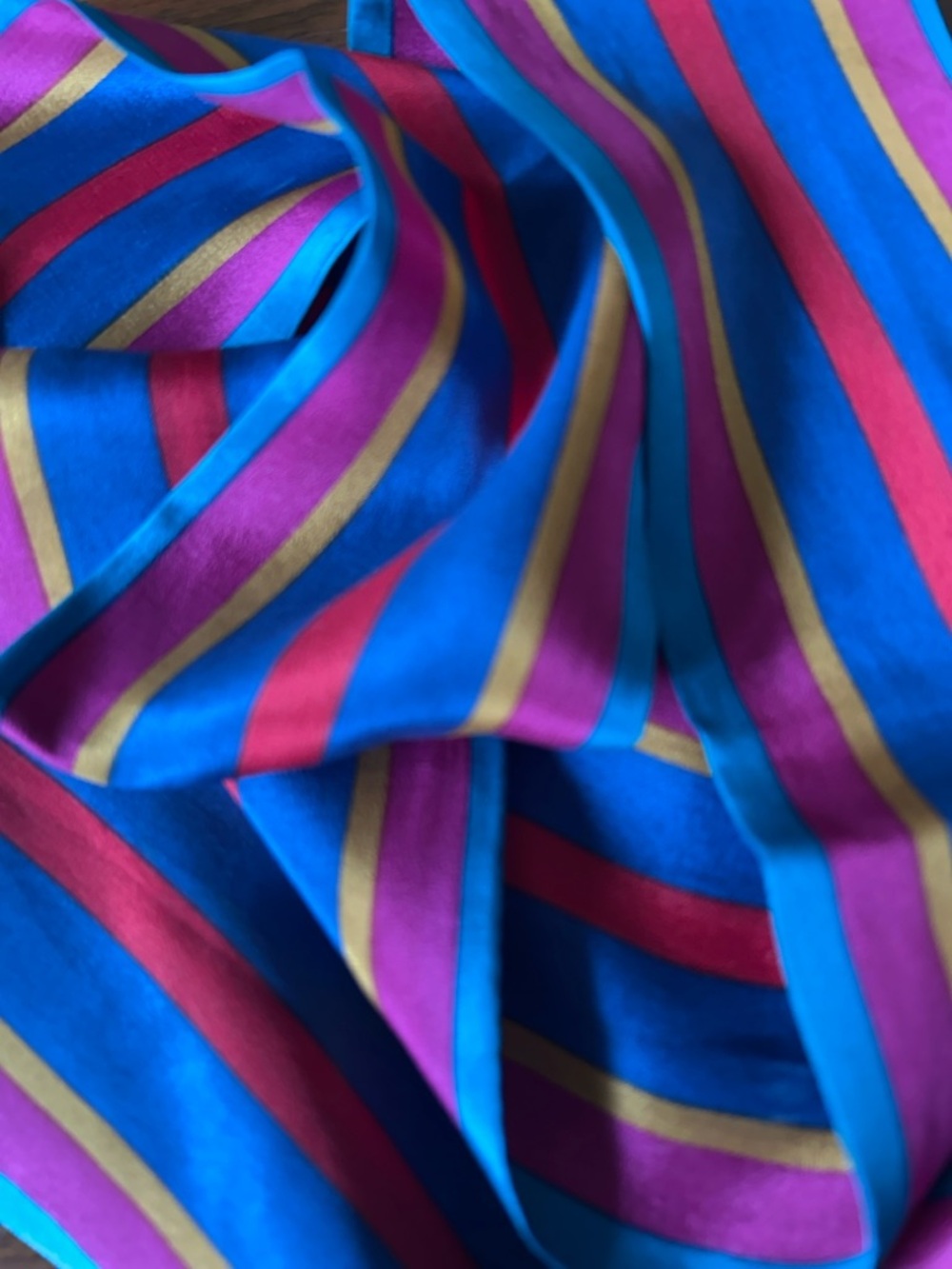 Blue Pink Red Gold Striped Silk Scarf 3“ x 45“ colorful